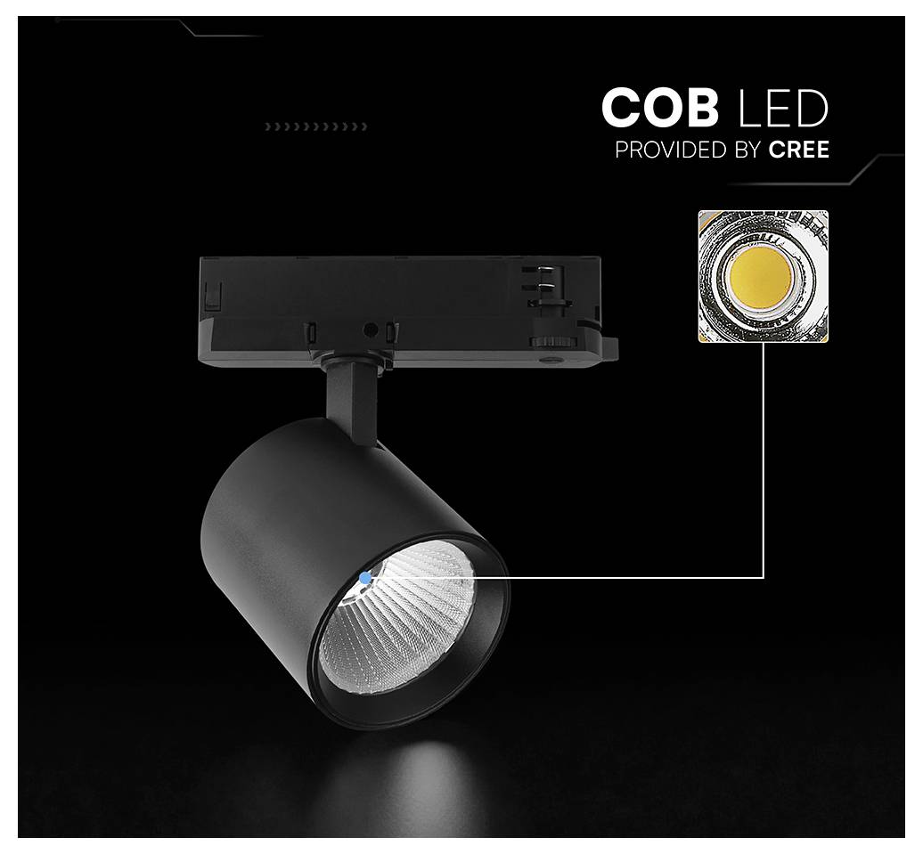 Schwarze Schienleuchte mit verstellbarem zylindrischem Spotlicht, gekennzeichnet mit „COB LED VON CREE BEREITGESTELLT
