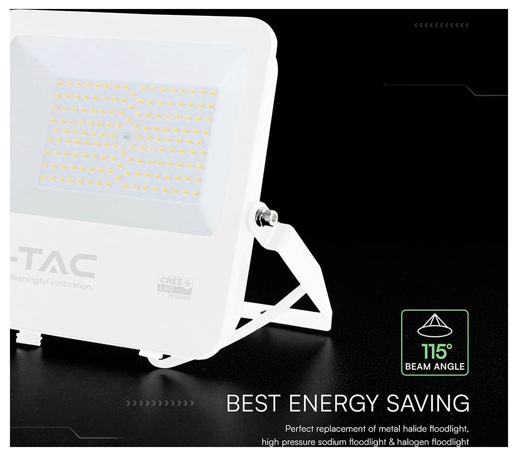 Produktanzeige für ein weißes LED-Flutlicht mit der Bezeichnung „BESTE ENERGIEEINSPARUNG