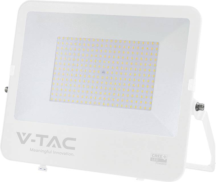Weiße V-TAC LED-Flutlicht mit rechteckigem Panel aus vielen kleinen gelben LEDs und verstellbarem Seitenhalter, gezeigt auf weißem Hintergrund.