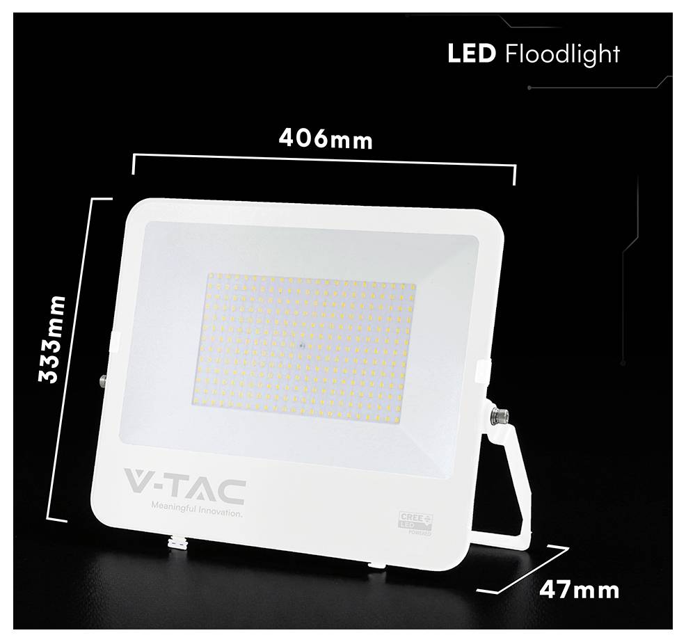 Produktbild einer weißen LED-Flutlichtleuchte mit beschrifteten Abmessungen: 406 mm Breite, 333 mm Höhe und 47 mm Tiefe.