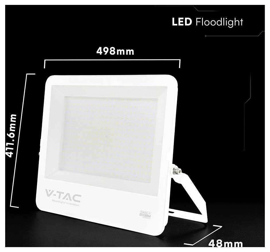 Weiße LED-Flutlichtproduktabbildung mit beschrifteten Abmessungen von 498 mm Breite, 411,6 mm Höhe und 48 mm Tiefe auf schwarzem Hintergrund.