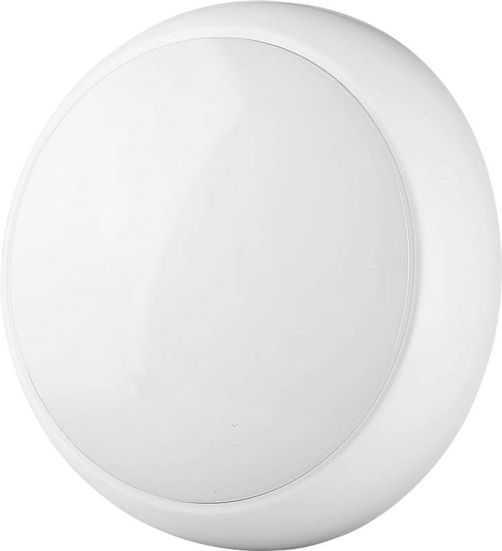 Rundes weißes, an der Wand montiertes Gerät, wahrscheinlich ein Rauchmelder oder Alarm, auf einfachem Hintergrund dargestellt.