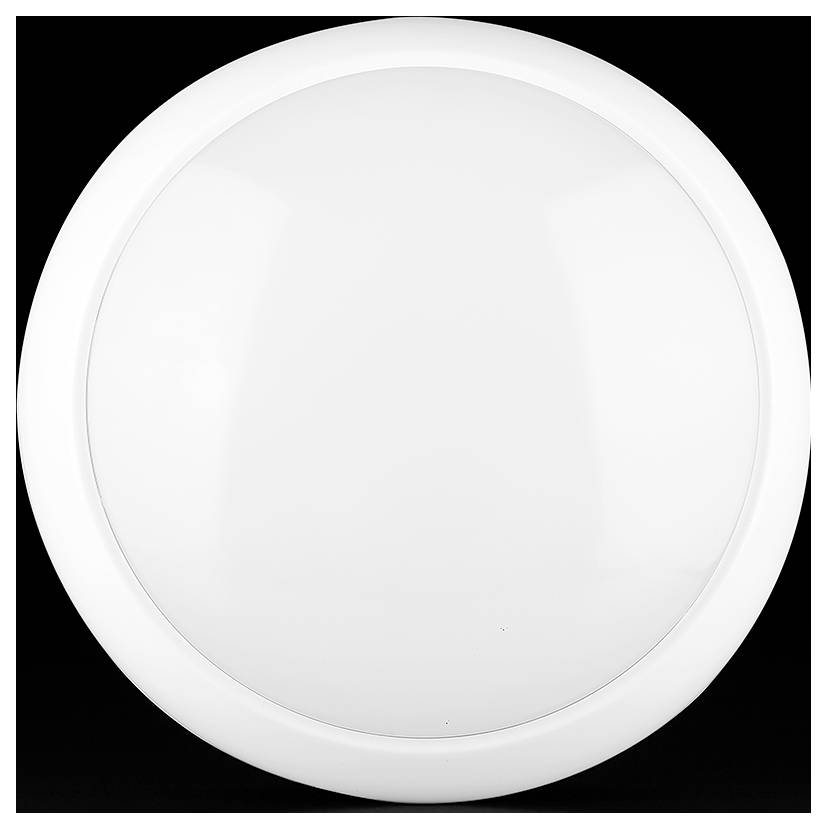 Weißer runder leerer Teller oder Platte auf schwarzem Hintergrund, von oben betrachtet.
