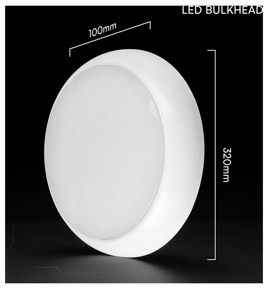 Weiße runde LED-Wandleuchte in 3D-Darstellung, mit einer Breite von 100 mm und einer Höhe von 320 mm beschriftet.