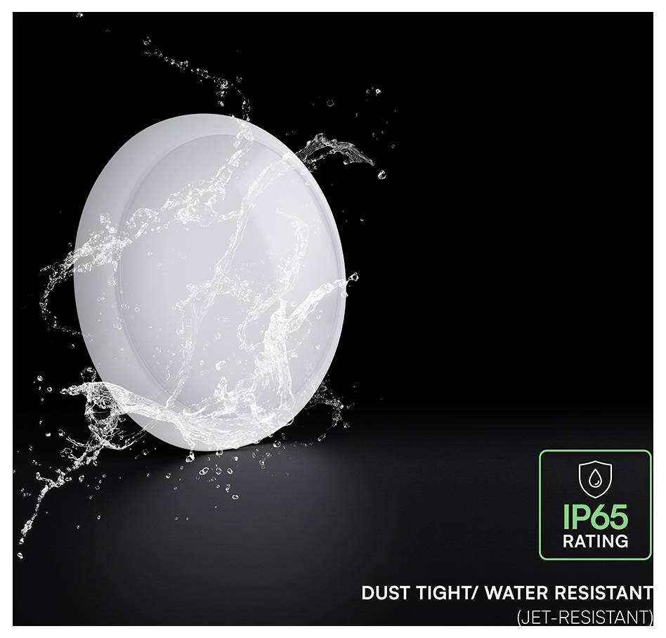 Weiße kreisförmige Leuchte mit Wasserspritzereffekt, die die IP65-Schutzart für staub- und wasserfeste Schutzvorrichtung veranschaulicht.