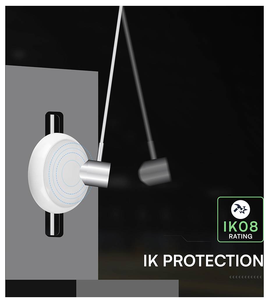 Grünes Notausgangsschild mit laufender Person und Pfeil nach unten auf einem hellen Panel; Text sagt effiziente Sicherheitsbeleuchtung, über 3 Stunden Betriebszeit, 12 Stunden Ladezeit.