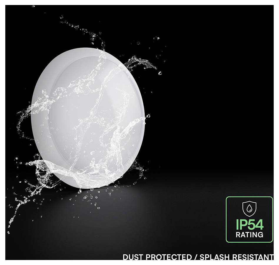 Produktbild eines runden weißen Geräts mit Wasser, das darüber spritzt, beschriftet mit „IP54 RATING
