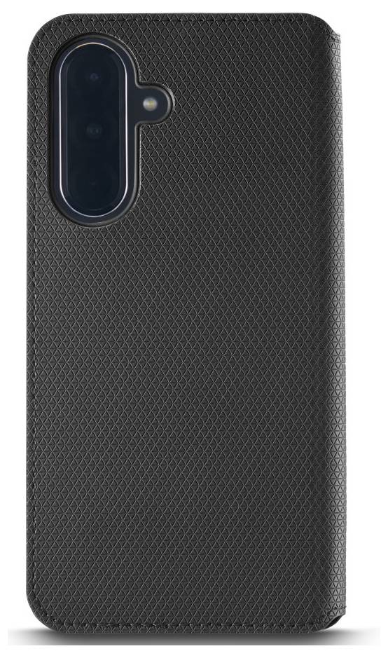 Schwarze strukturierte Smartphone-Hülle von hinten gezeigt, mit vertikalem Kameraausschnitt und Blitzöffnung oben links.