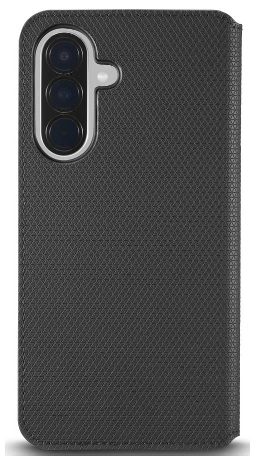 Schwarze strukturierte Smartphone-Hülle mit erhöhener Dreifach-Kameraaussparung auf der Rückseite.
