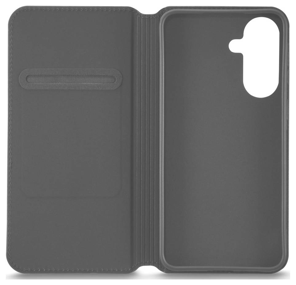 Offene graue Folio-Handyhülle mit Kartenschlitz auf der linken Seite und Kameraausschnitt auf der rechten Seite.