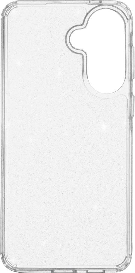 Durchsichtige, transparente Smartphone-Hülle von vorne gezeigt, mit erhöhten Kanten und einem großen Ausschnitt für die Rückkamera.