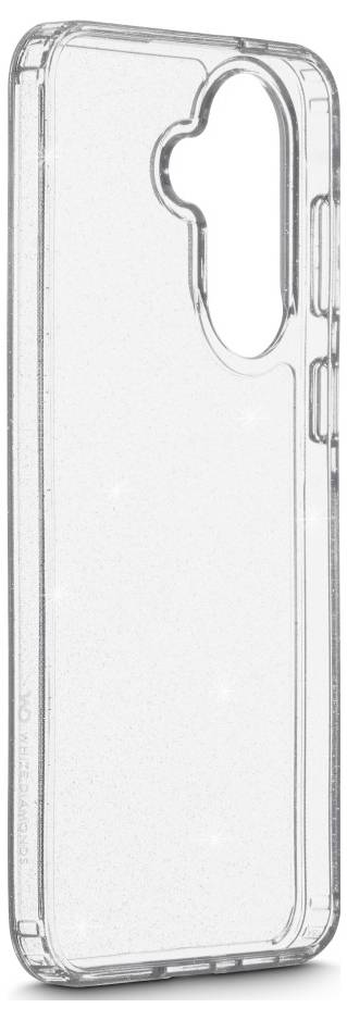 Transparente Schutzschutzhülle für Smartphones, aufrecht dargestellt, mit großem Ausschnitt für die rückseitige Kamera und transparenten Hartschalenkanten.