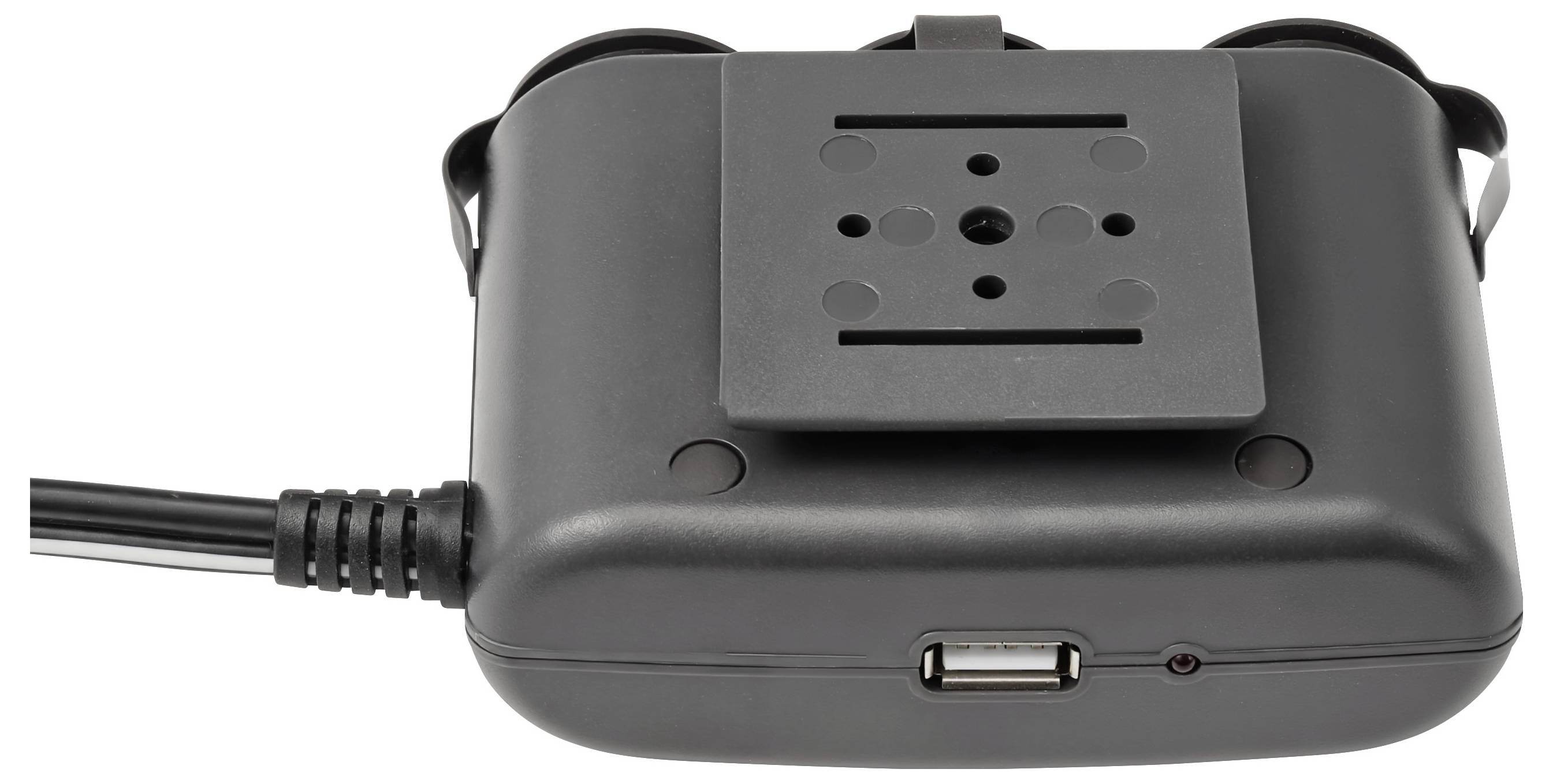 Schwarzes elektronisches Gerät mit einem Kabel auf der linken Seite und einem USB-Anschluss auf der Vorderseite, dargestellt vor weißem Hintergrund.