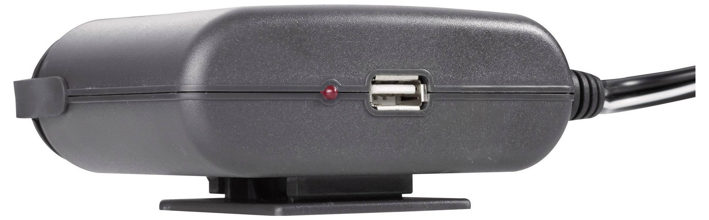Schwarzer USB-Netzschalter mit roter Kontrollleuchte und USB-Anschluss, abgebildet mit angeschlossenem Kabel.