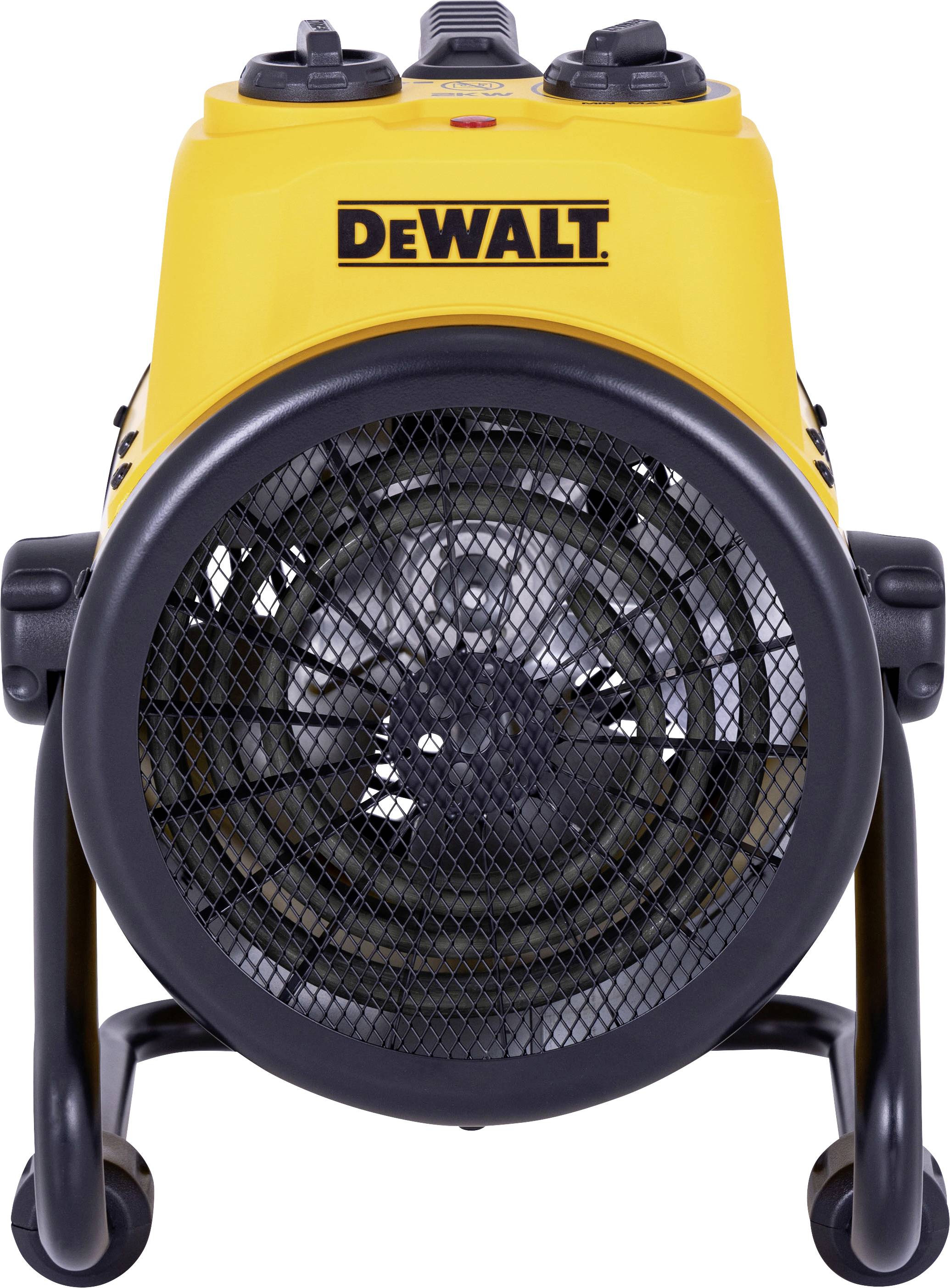 Gelber tragbarer Boden-Ventilator/Heizer von DeWALT mit schwarzem Schutzgitter und Rollen, Frontansicht auf weißem Hintergrund dargestellt.