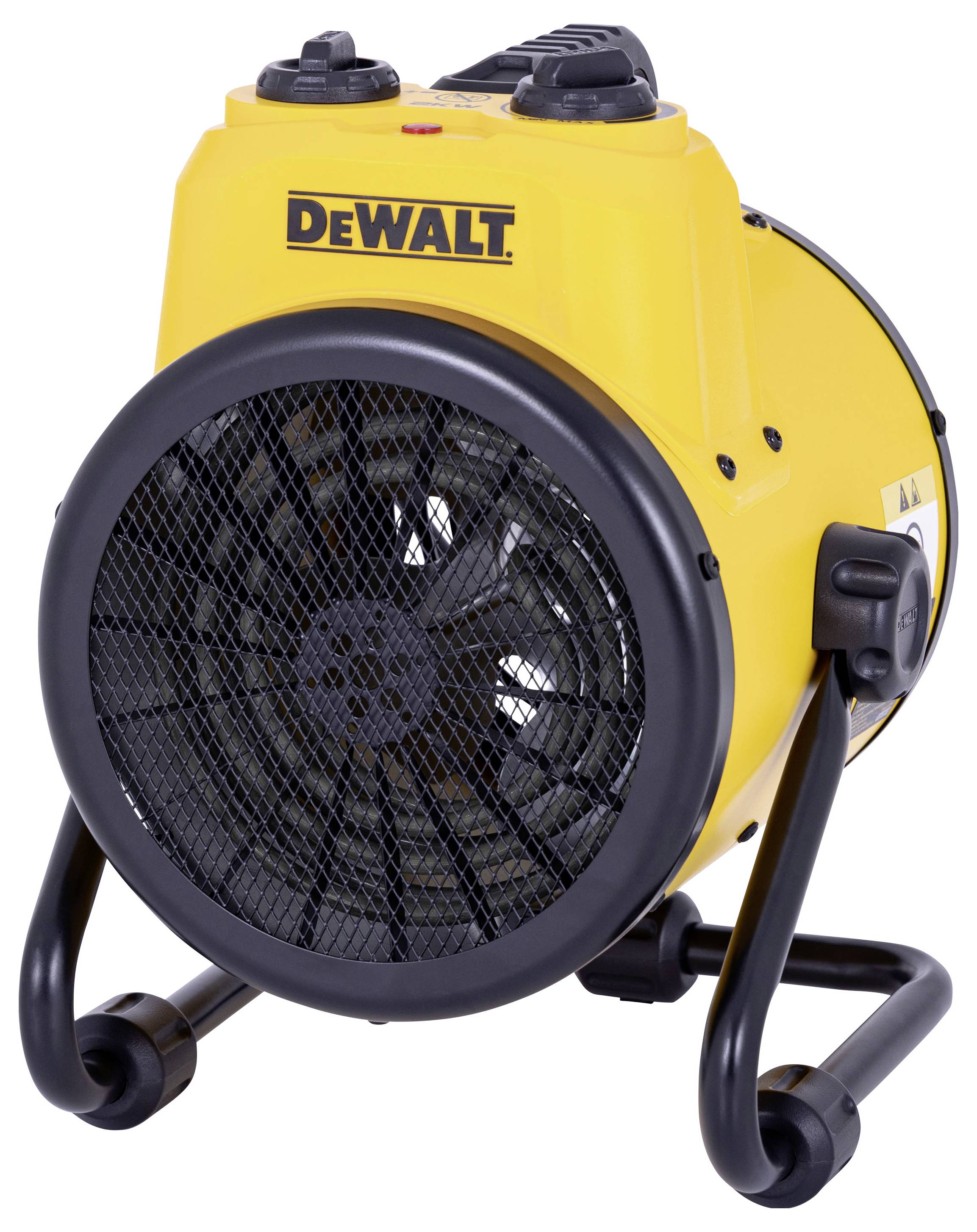 Gelber tragbarer DeWalt-Industrielüftheizer mit großem schwarzem Frontgitter und verstellbaren Drehreglern oben, gezeigt auf weißem Hintergrund.