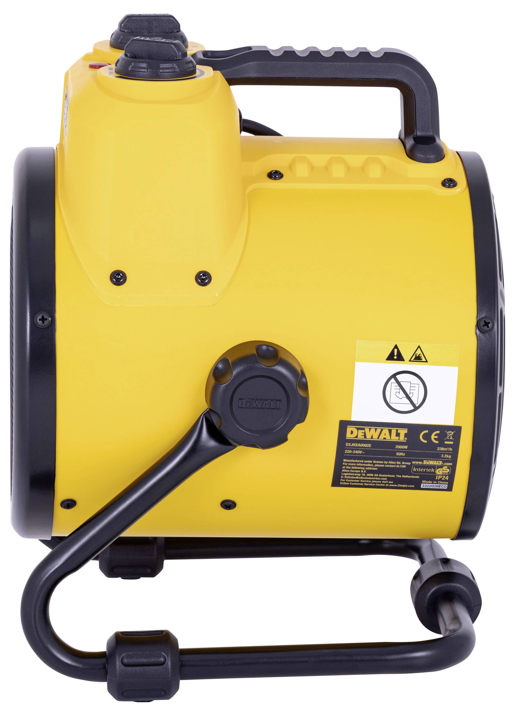 Gelbe DeWalt tragbare Pumpen- oder Gebläseeinheit mit schwarzem Griff, Gestell und Schlauchverbindung, auf weißem Hintergrund dargestellt.
