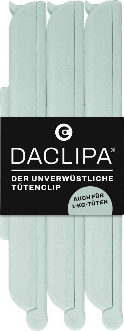 Packung mit mintgrünen wiederverwendbaren Tütenklemmen mit der Bezeichnung 'DACLIPA' mit 'Der unverwüstliche Tütenclip' und 'Auch für 1-kg-Tüten'.