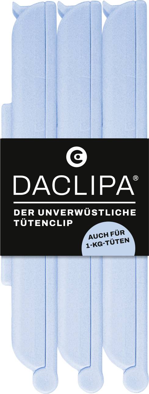 Packung hellblauer wiederverwendbarer Wäscheklammern mit der Bezeichnung 'DACLIPA' mit 'der unverwüstliche Tütenclip' und 'auch für 1-kg-Tüten' auf einem schwarzen Band.