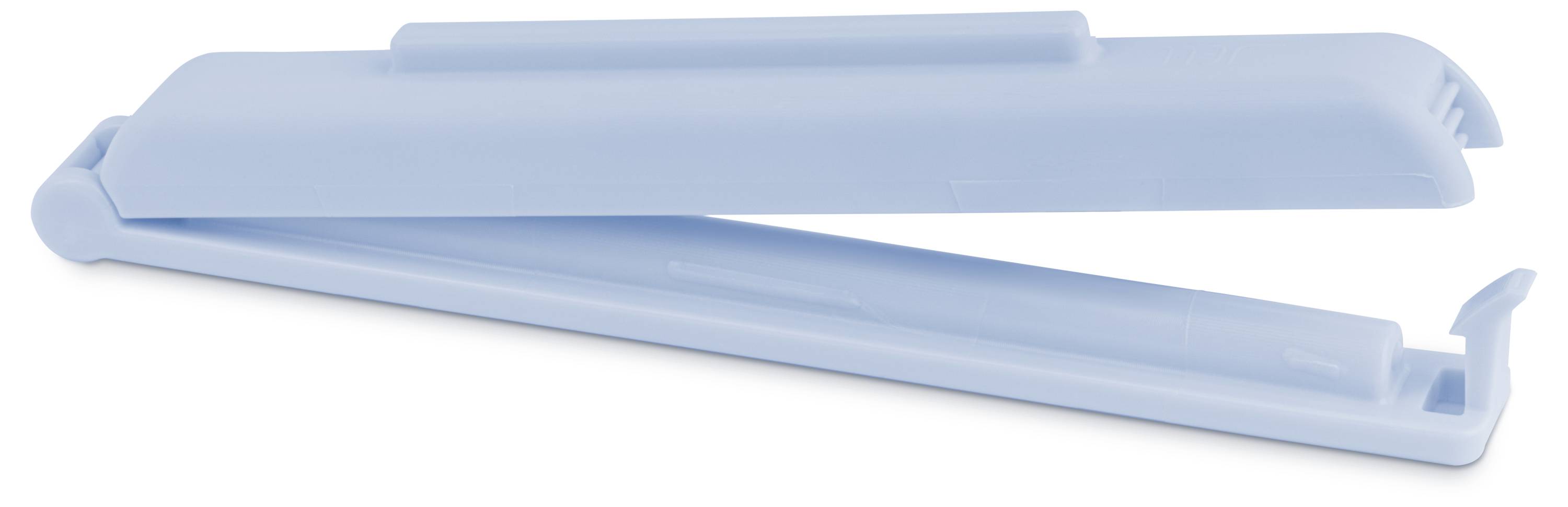 Offene hellblau transparente Kunststoff-Dokumentablage oder Abdeckung, gezeigt in zwei Teilen auf weißem Hintergrund, eine geschlossen und eine offen, um das Innere zu zeigen.