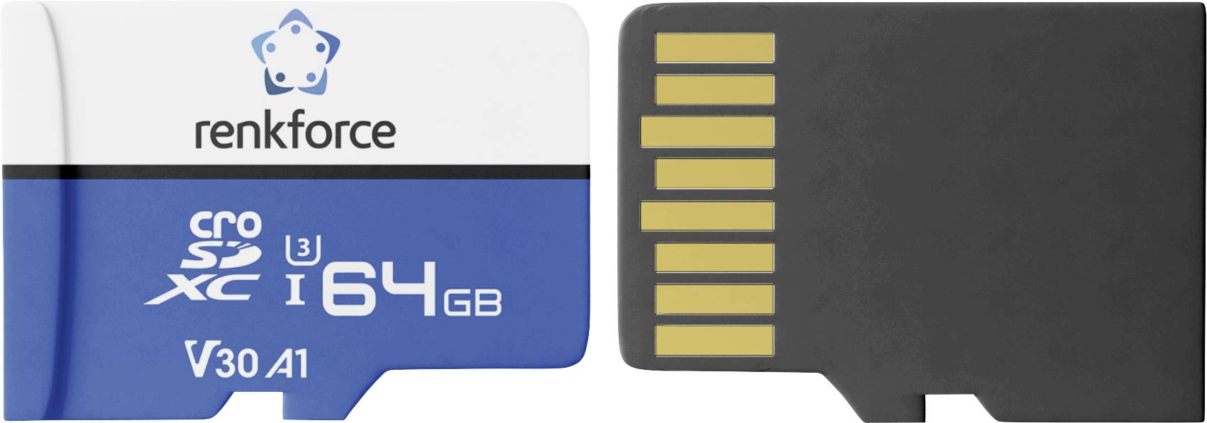 Nahaufnahme eines 64-GB-microSD-Karten-Adapters mit den Bezeichnungen „renkforce