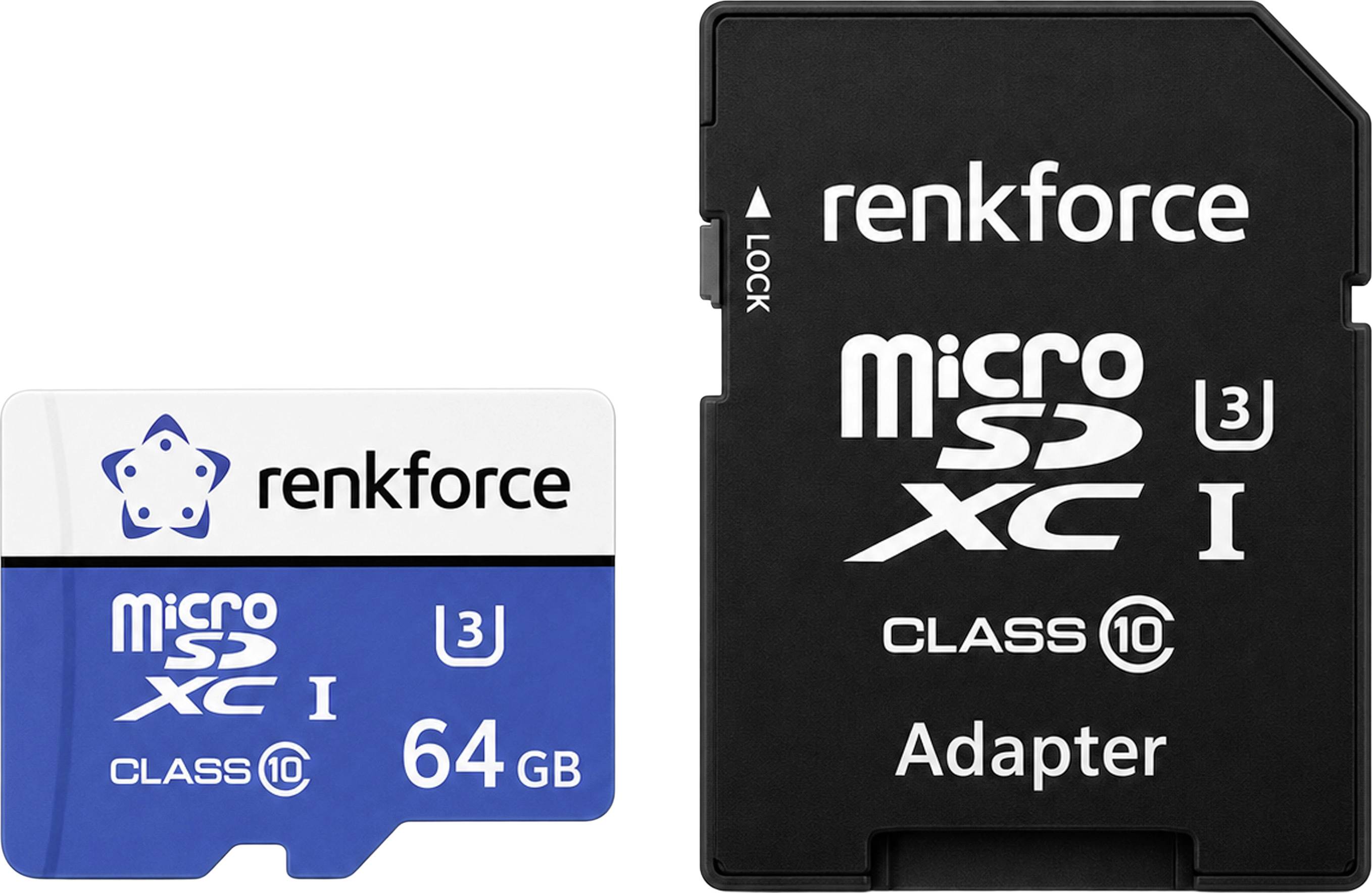 Eine 64-GB-Renkforce-microSDXC-Speicherkarte der Klasse 10 mit Adapter wird neben der Karte allein gezeigt.