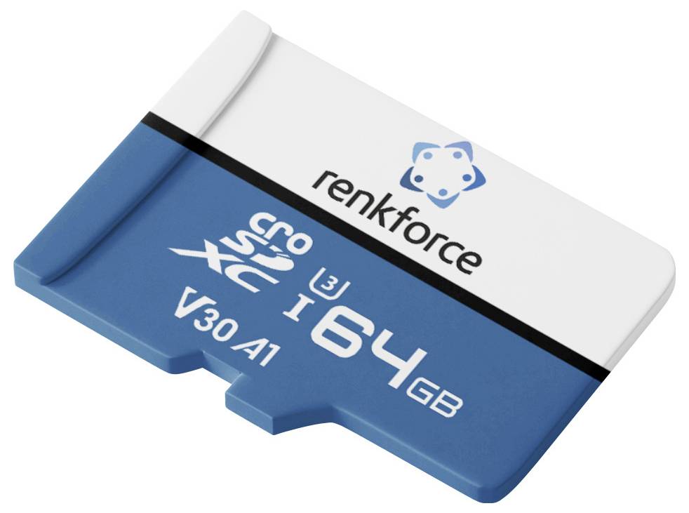 Blau-weiße 64GB microSD-Karte mit der Bezeichnung 