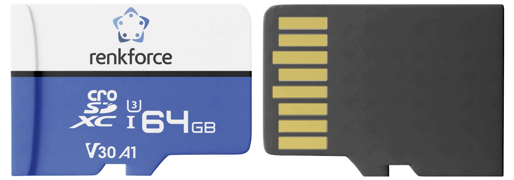 Eine Renkforce microSD-Speicherkarte, von vorne und hinten dargestellt, mit den Bezeichnungen „64 GB