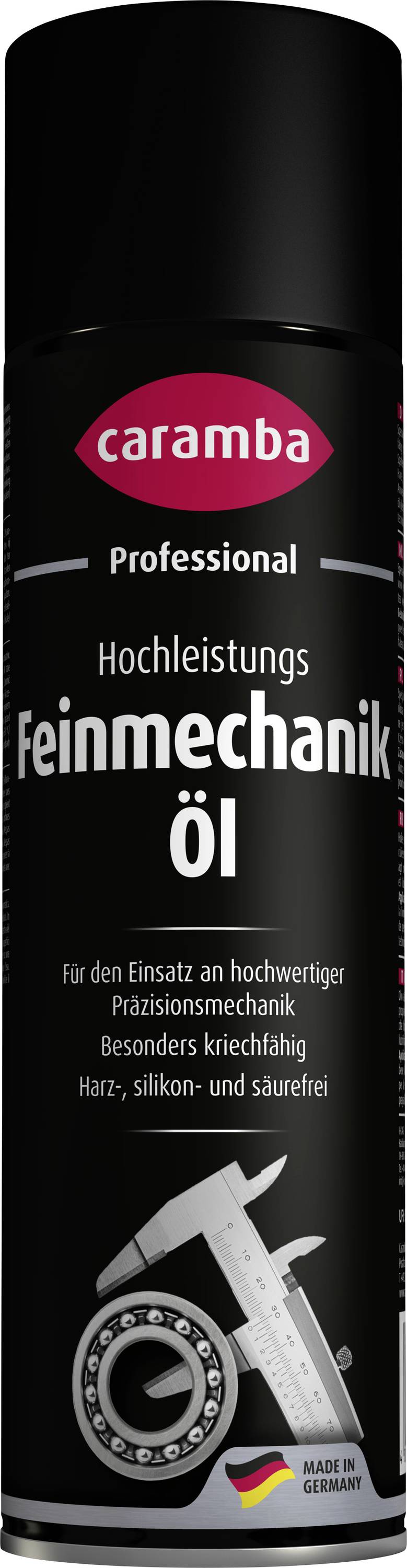Eine schwarze Dose Caramba Professional Hochleistungs-Feinmechanik-Öl mit einer Abbildung von Lagern und Werkzeugen sowie einem 