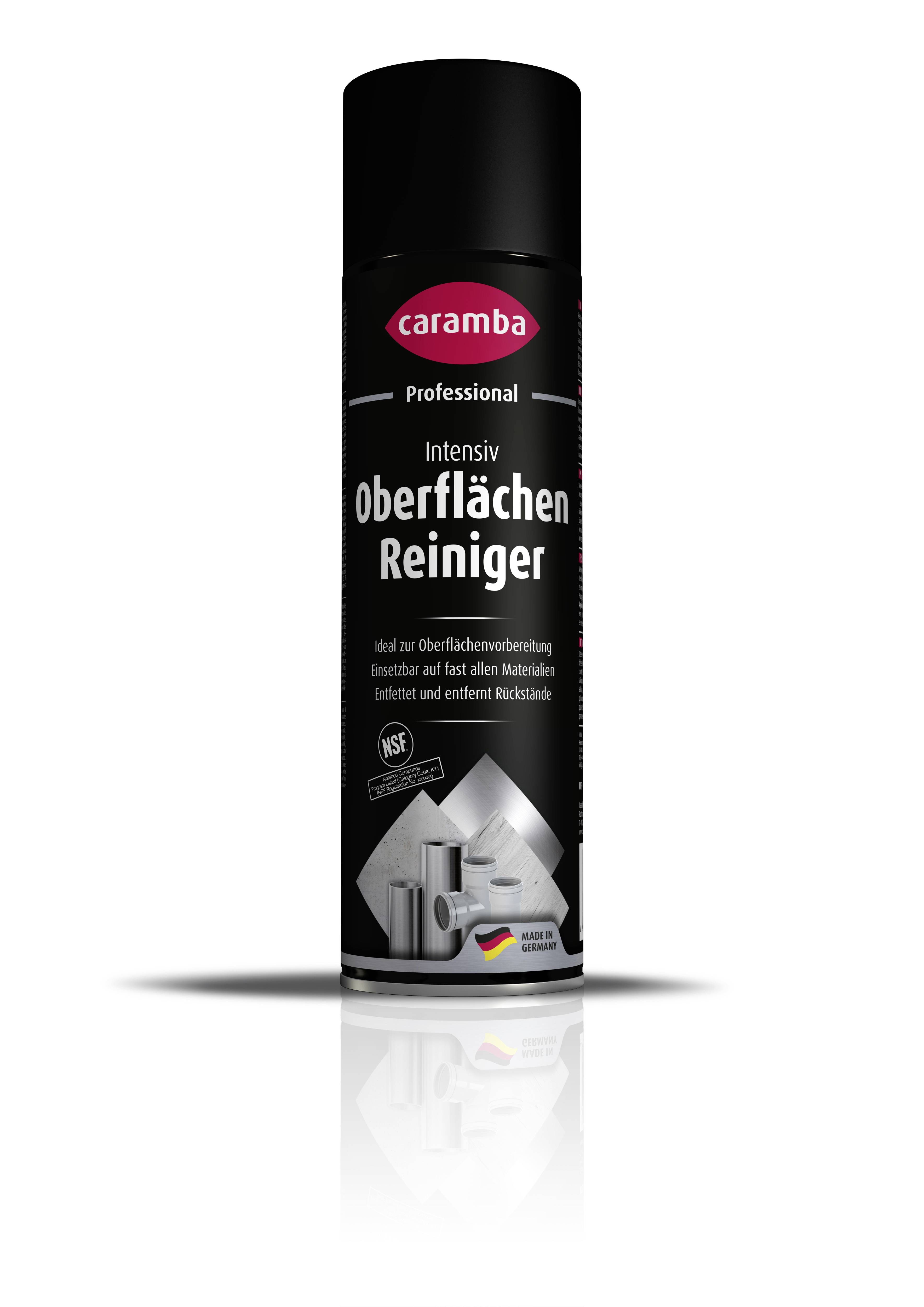 Schwarz Caramba Professional Intensiv Oberflächenreiniger Sprühdose aufrecht auf weißem Hintergrund mit reflektiertem Schatten stehend.