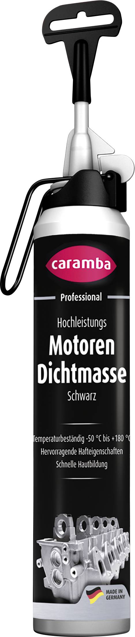 Caramba Professionelle Motorabdichtungsmasse in schwarzer Flasche, gekennzeichnet mit Motordichtmasse Schwarz, mit Schleifen-Applikator und Motorteile-Bild.