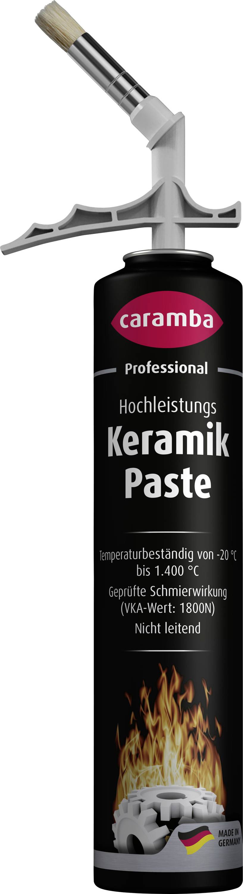 Caramba Professionelle hochleistungsfähige Keramikpaste in einer schwarzen Sprühdose, mit Pinselapplikator und Flammengrafik auf dem Etikett.