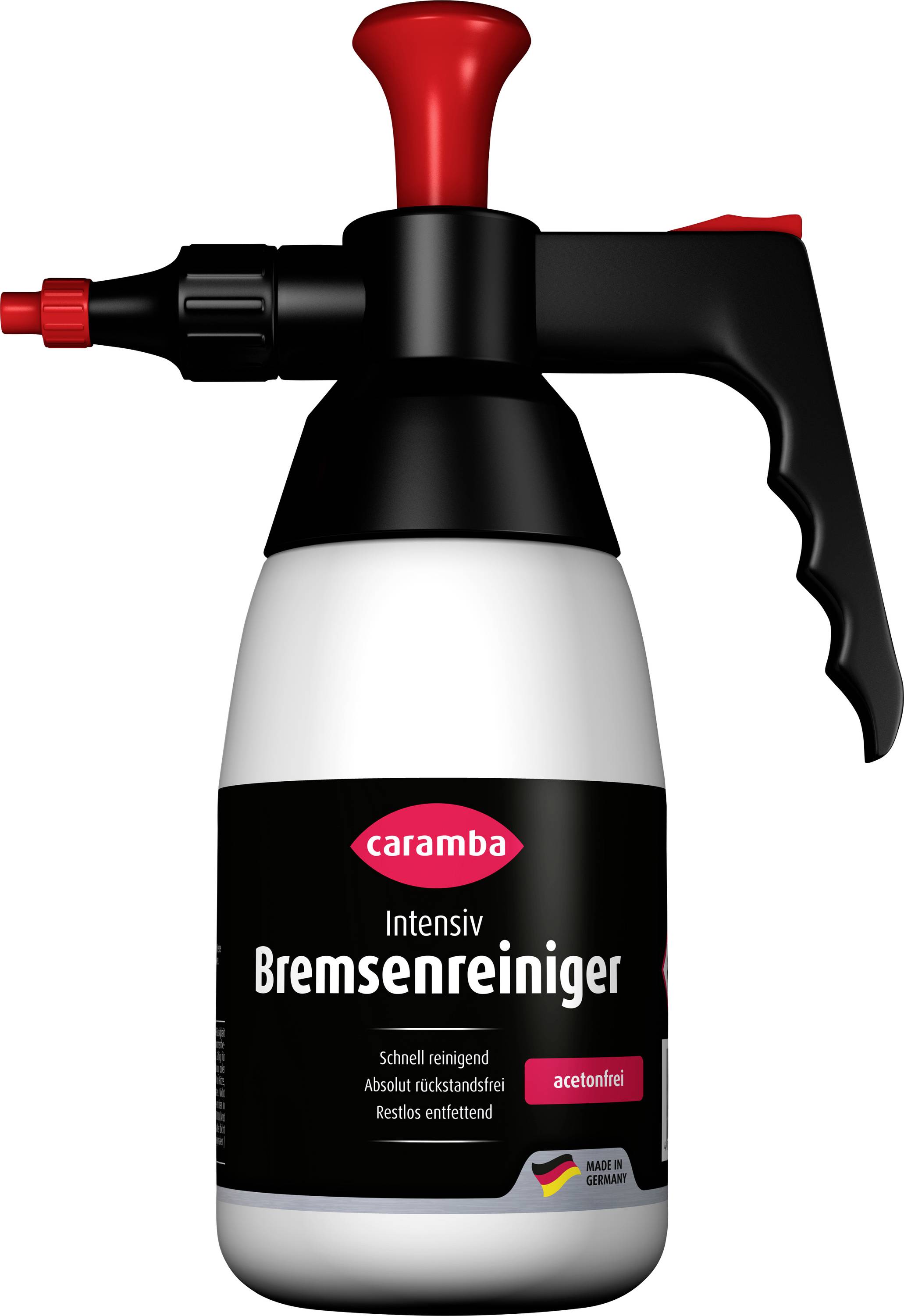 Caramba Intensiv Bremsenreiniger Sprühflasche mit roter Düse und schwarzem Griff, ein acetonfreier Bremsenreiniger Made in Germany.