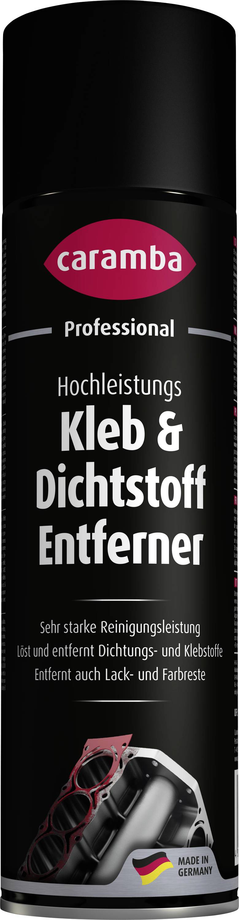 Caramba Professioneller Hochleistungs-Kleber- und Dichtstoff-Entferner Spraydose, schwarz mit rotem Etikett und deutschem Herkunftssiegel.