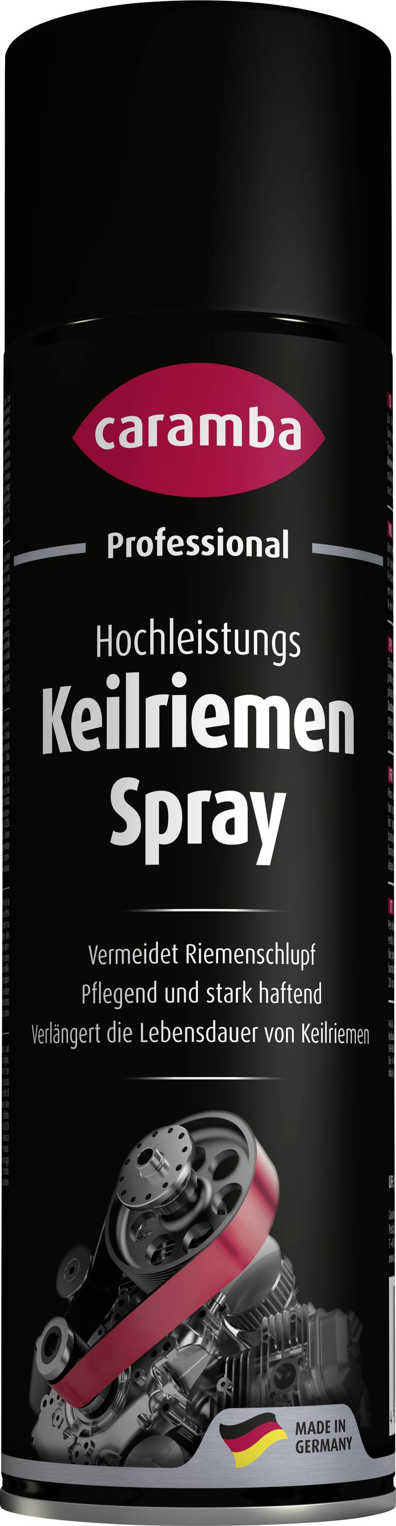 Dose Caramba Professional Keilriemen Spray, ein hochleistungs Riemenspray mit deutschem Text und einem Autoriemenbild.