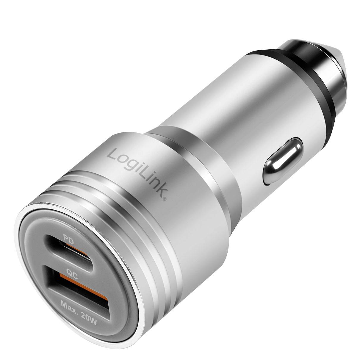 Silberner LogiLink Auto-USB-Ladegerät mit einem USB-C-Anschluss und einem USB-A-Anschluss, gekennzeichnet mit Max 20W.