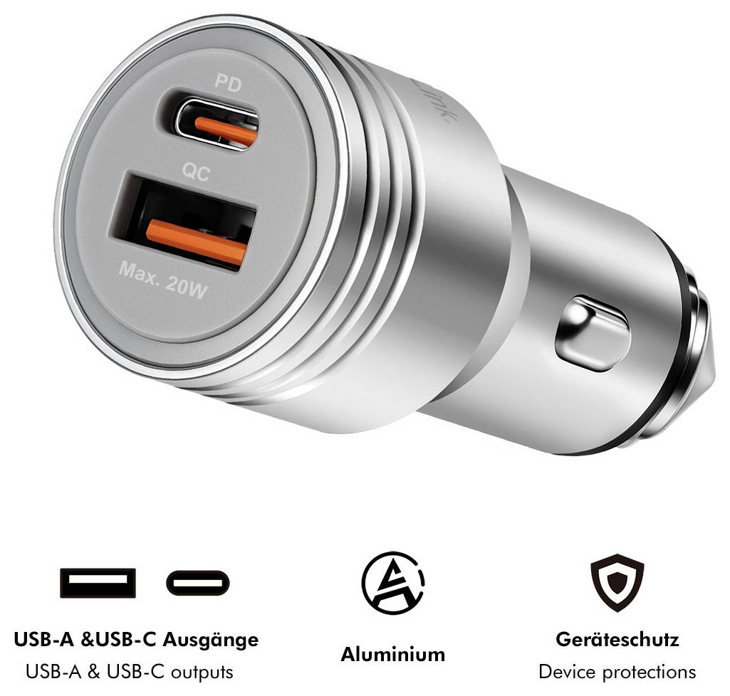Silbernes Autoladegerät mit USB-C PD und USB-A QC-Anschlüssen, gekennzeichnet mit max. 20W, plus Symbole für USB-A/USB-C-Ausgänge, Aluminiumgehäuse und Geräteschutz.