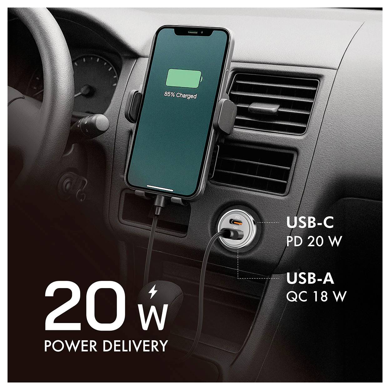 Smartphone-Ladung in einer Auto-Lüftungsgitterhalterung mit USB-C-Anschluss mit der Bezeichnung 