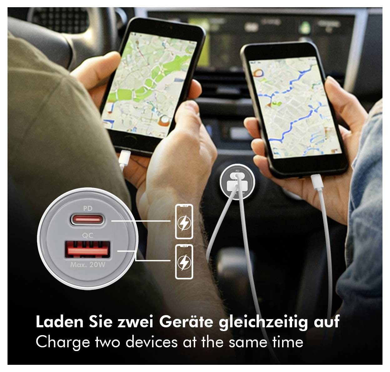 Zwei Telefone werden in einem Auto von einem doppelten USB-Ladegerät geladen; der Text besagt „Laden Sie zwei Geräte gleichzeitig auf