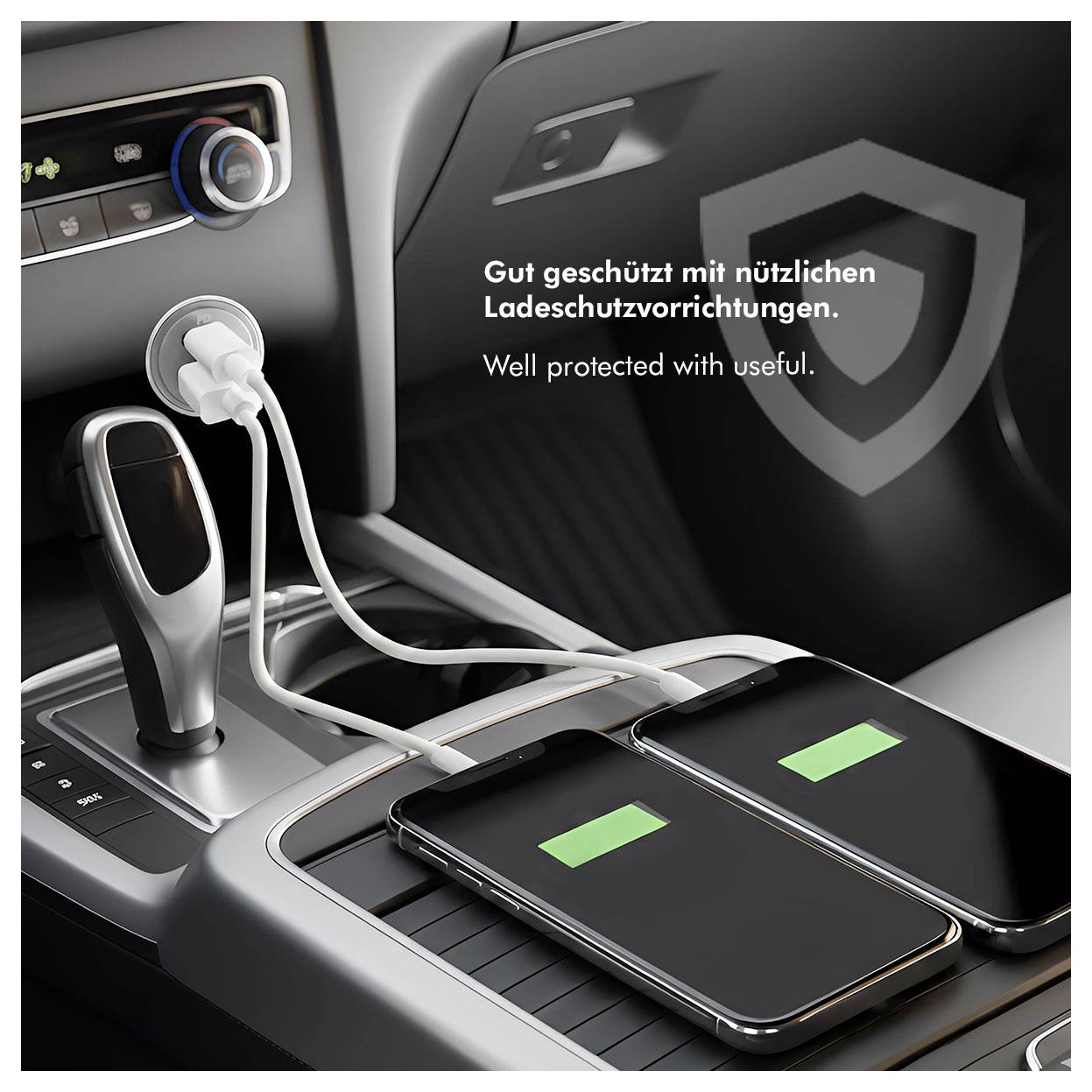 Autokonsole mit zwei Smartphones, die per USB aufgeladen werden, plus der Text „Gut geschützt mit nützlichen Ladenschutzvorrichtungen.