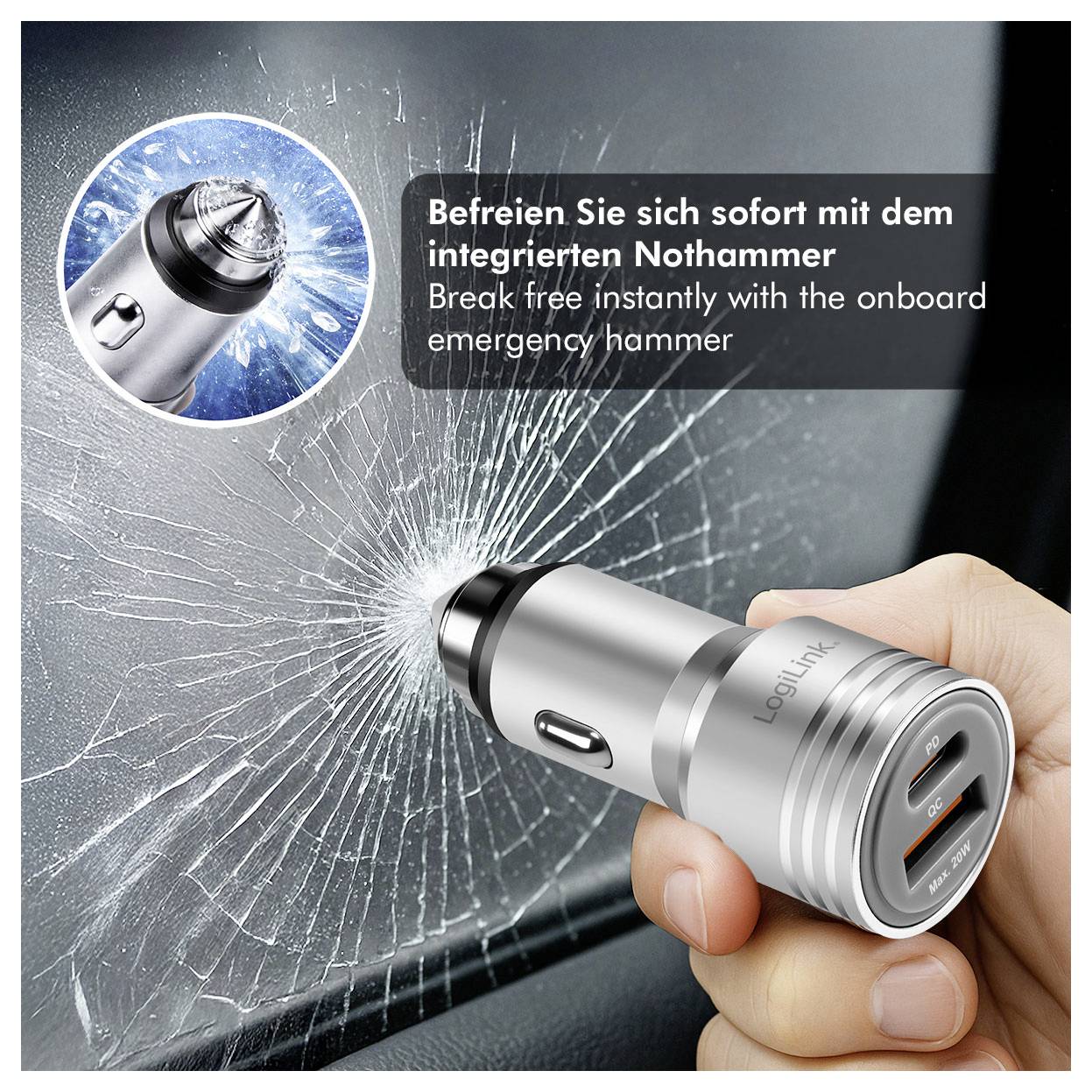 Hand hält einen Autounfall-Hammer und bricht eine Seitenscheibe; Einschubtext sagt „Befreien Sie sich sofort mit dem Notfallhammer an Bord