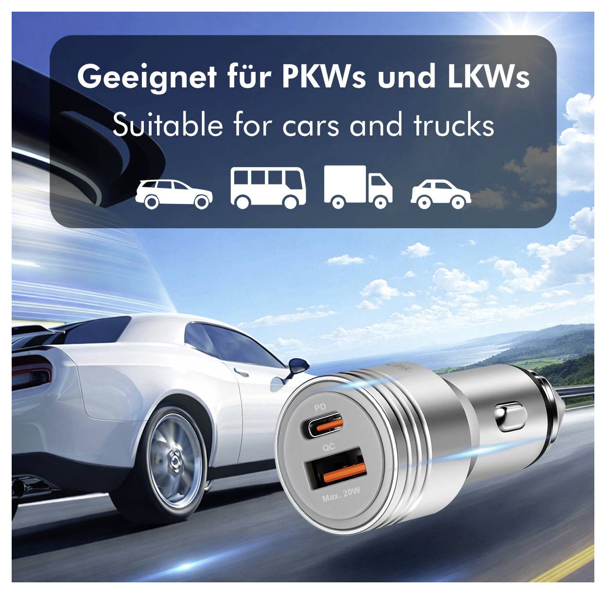 Produktbild eines Dual-USB-Autoladers neben einem Sportwagen, mit der Aufschrift „Geeignet für Autos und Lastkraftwagen