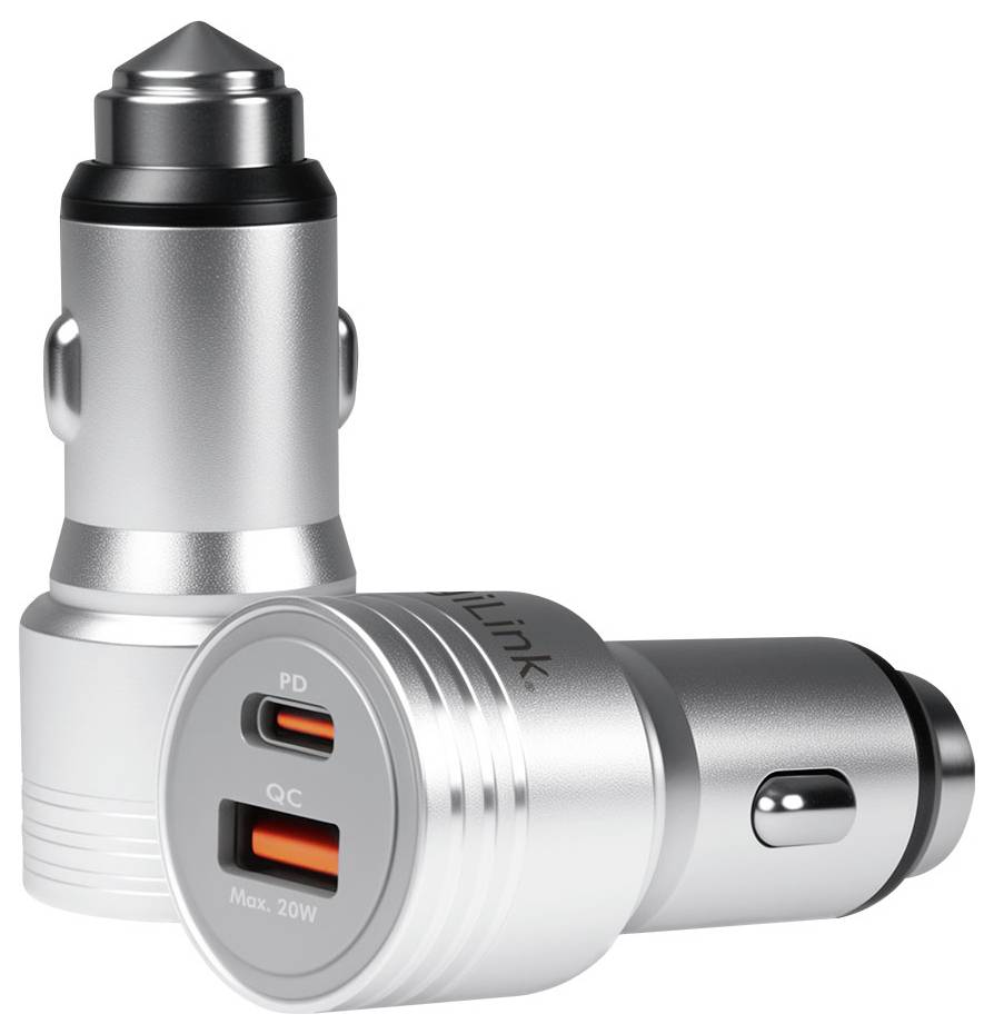 Zwei silberne Auto-USB-Ladegerät-Adapter, einer aufrecht und einer liegend, jeweils mit zwei USB-Anschlüssen mit den Bezeichnungen PD und QC sowie „Max. 20W