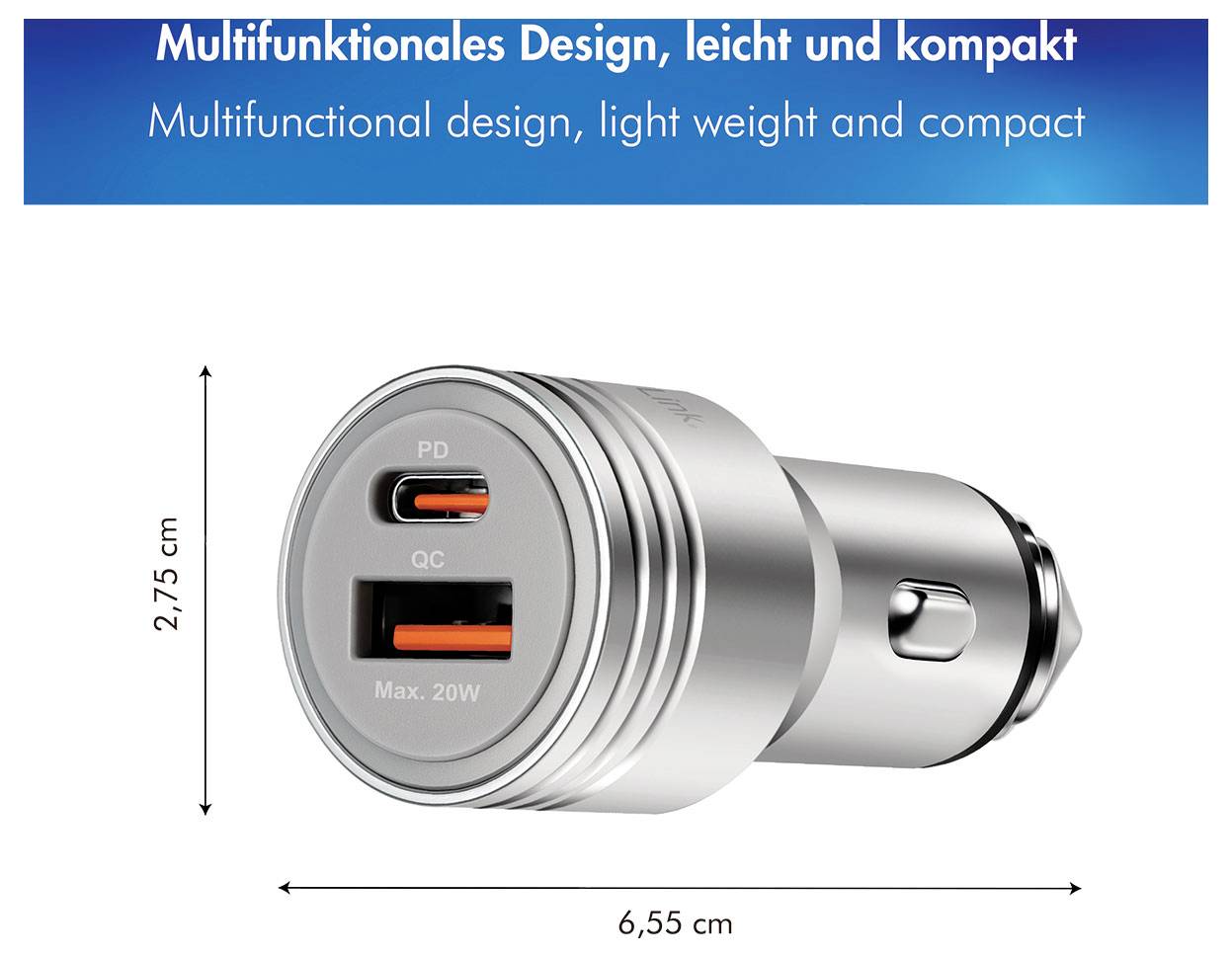 Produktbild eines kompakten Dual-USB-Autoladers mit der Bezeichnung „Multifunktionales Design, leicht und kompakt