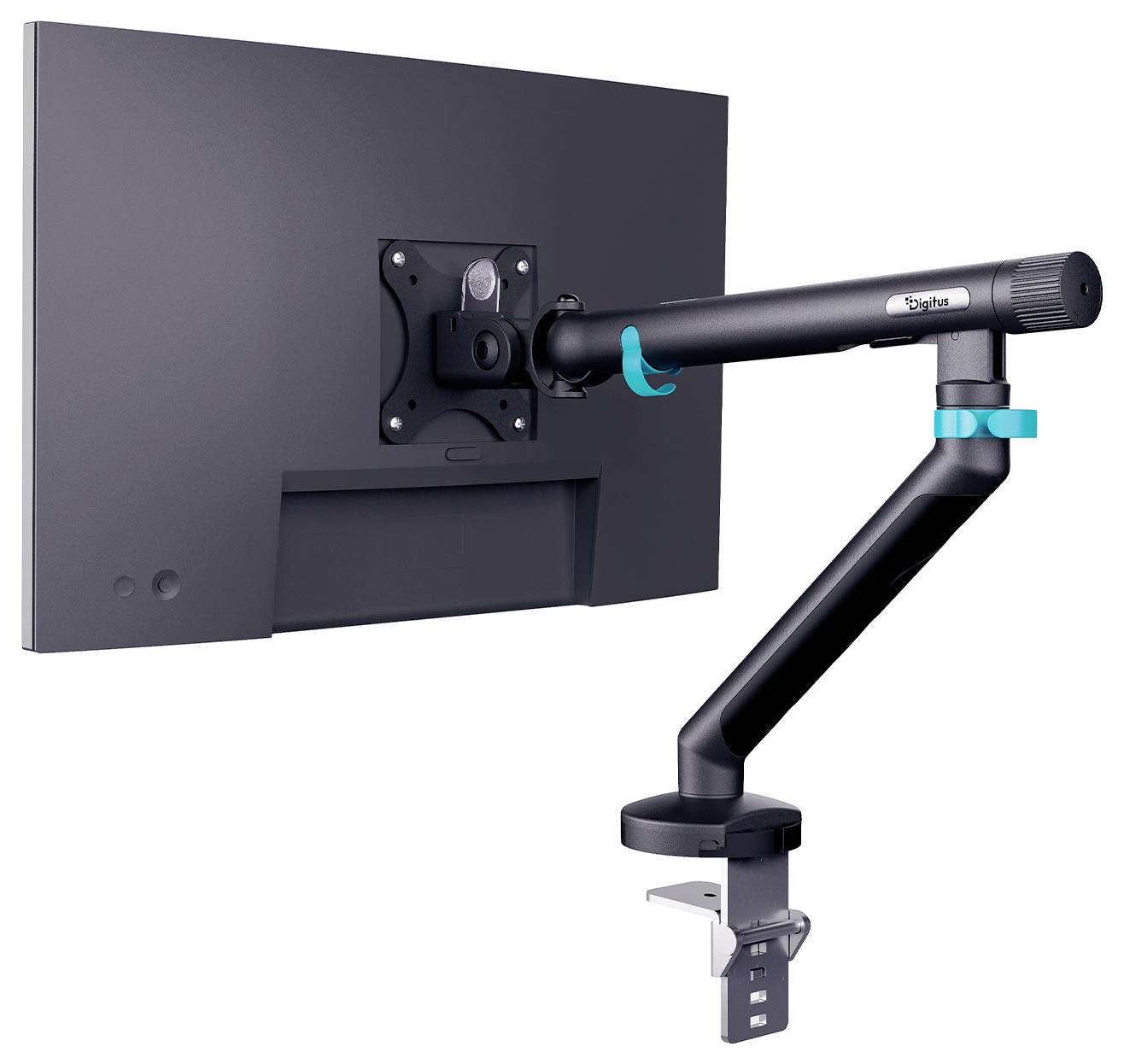 Verstellbarer Monitorarm, der auf der Rückseite eines Flachbildschirms montiert ist und eine VESA-kompatible Halterung und Schreibtischklemme zeigt.