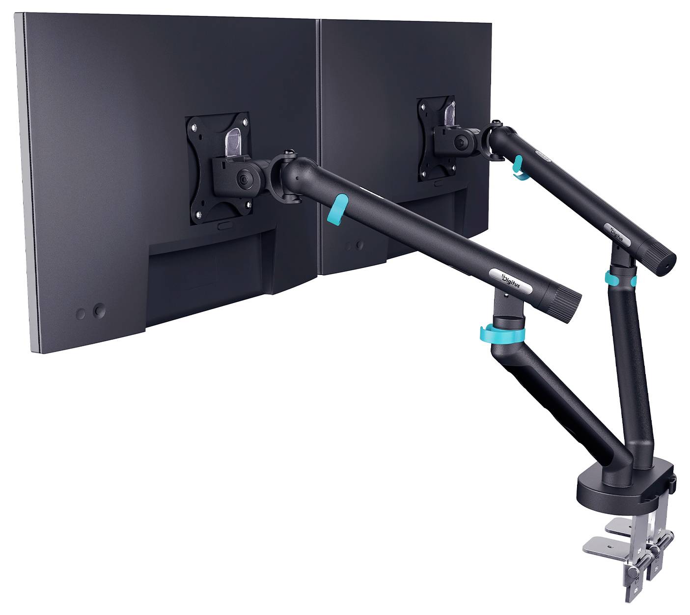 Dual-Monitor-Arm-Halterung mit Schreibtischklemme, die zwei Flachbildschirme nebeneinander trägt.
