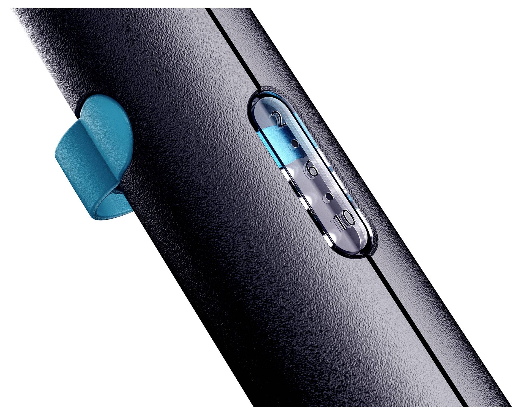 Nahaufnahme eines schwarzen elektrischen Haartrimmers mit einem blauen Einstellhebel und sichtbaren Längenschnitteinstellungen.