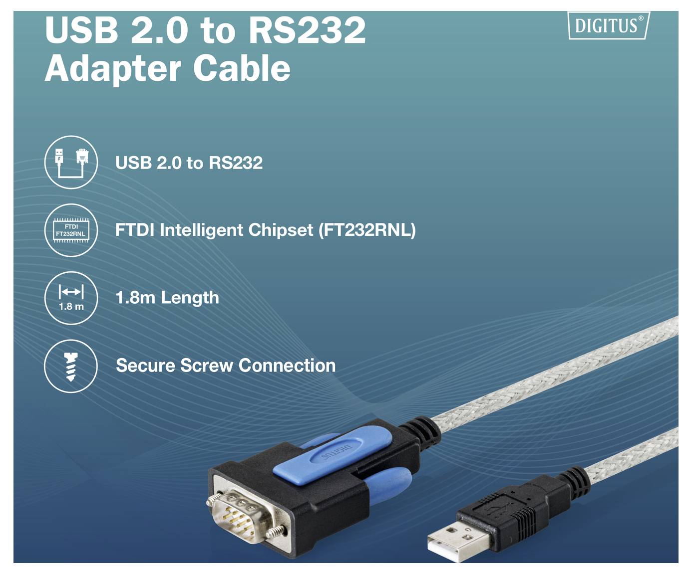 Digitus USB 2.0 zu RS232 Adapterkabel, 1,8 m lang, mit FTDI FT232RNL Chipset und sichere Schraubverbindung.