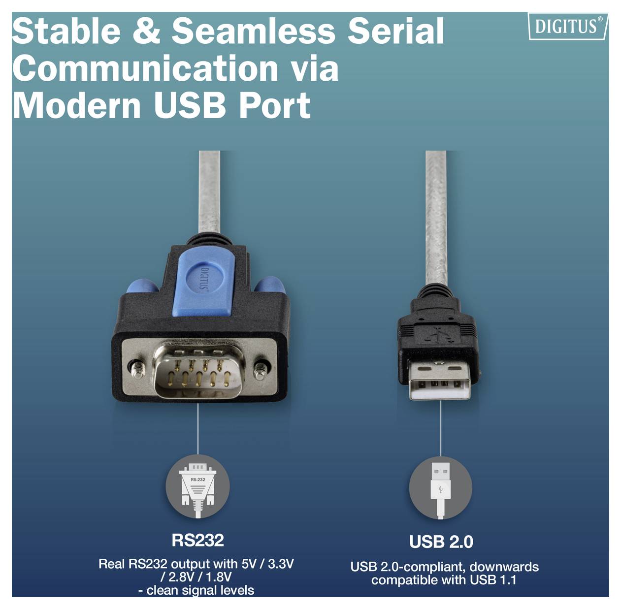 Werbegrafik zeigt RS232-Seriellport-Adapter, der über einen modernen USB-Anschluss verbunden ist; Der Text lautet 