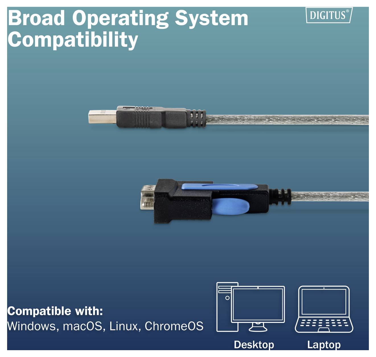 Werbegrafik für Digitus-Kabel mit der Aufschrift „Breite Betriebssystemkompatibilität